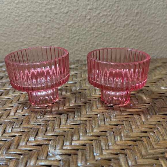 Vintage Pink Ribbed Glass Candle Holders Set Of 2 Reversable  Candle Size - Picture 1 of 7